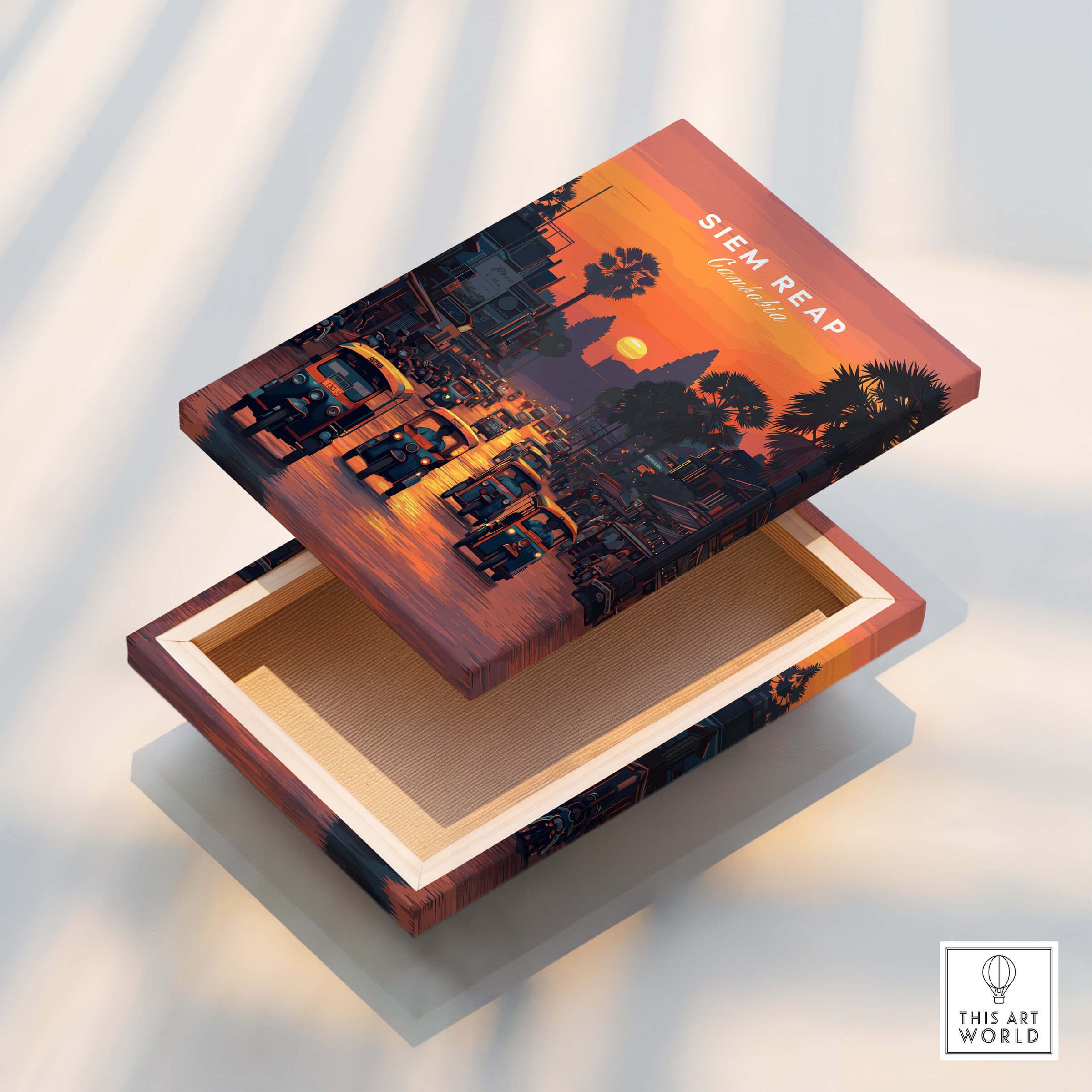 Siem Reap Wall Art Print | Cambodia Sunset Street Scene Travel Poster wooden box with vibrant street scene design.