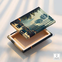 Siem Reap Cambodia Travel Poster | Tropical Town Street Wall Art Print displayed on an open box with vivid street art design.
