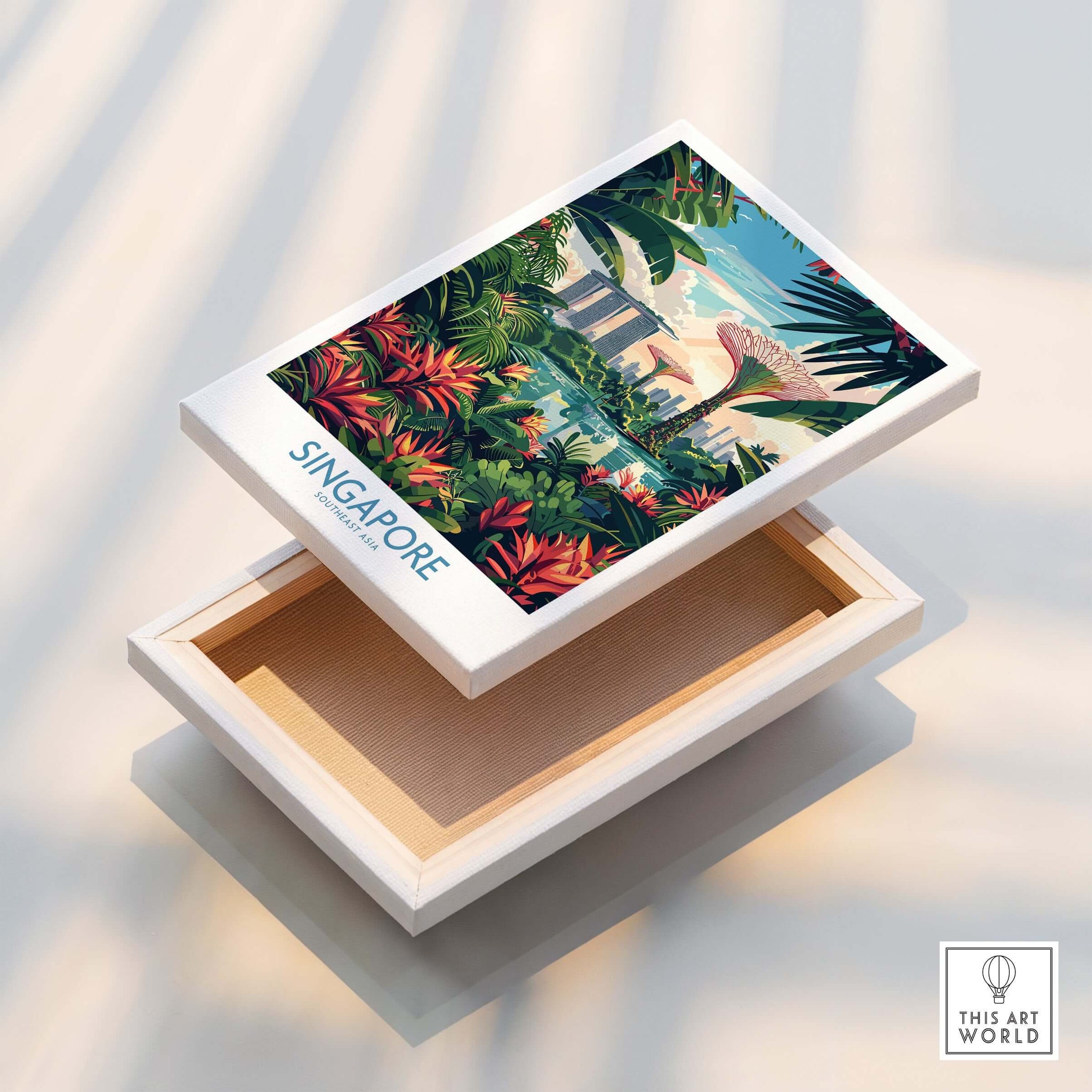 Singapore Gardens by the Bay Poster design on an open box showcasing vibrant tropical scenery.
