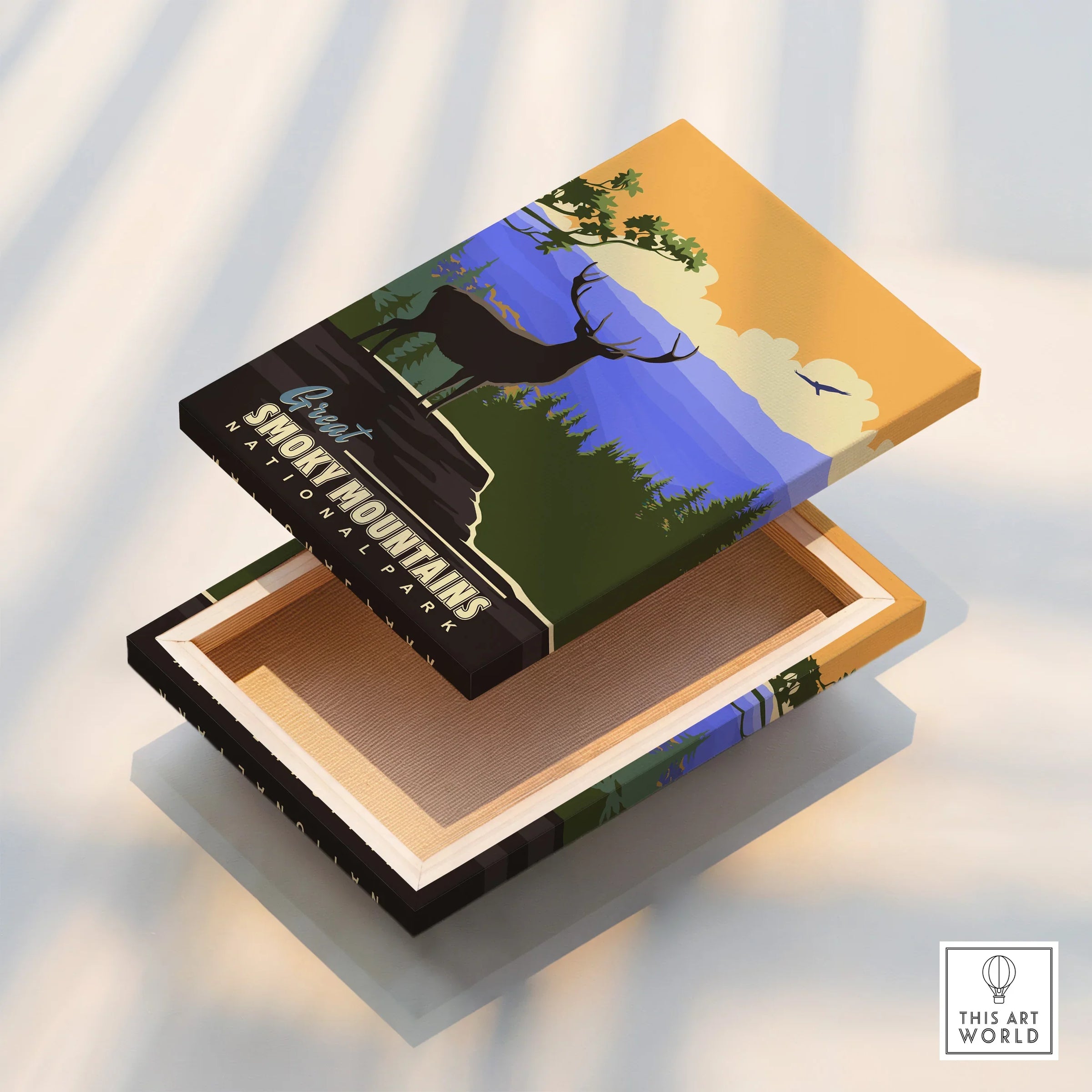 Great Smoky Mountains National Park art print with deer silhouette on a stretched canvas box.