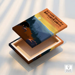 Great Smoky Mountains National Park canvas print with sunset, bear, and forest illustration.