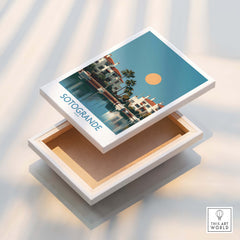 Sotogrande Spain Canvas Print | Mediterranean Waterfront Scenery Poster displayed atop a decorative box.