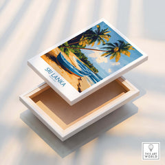 South Asia Travel Poster - Sri Lanka Coastal Print, Island Life Wall Art displayed on a wooden box.