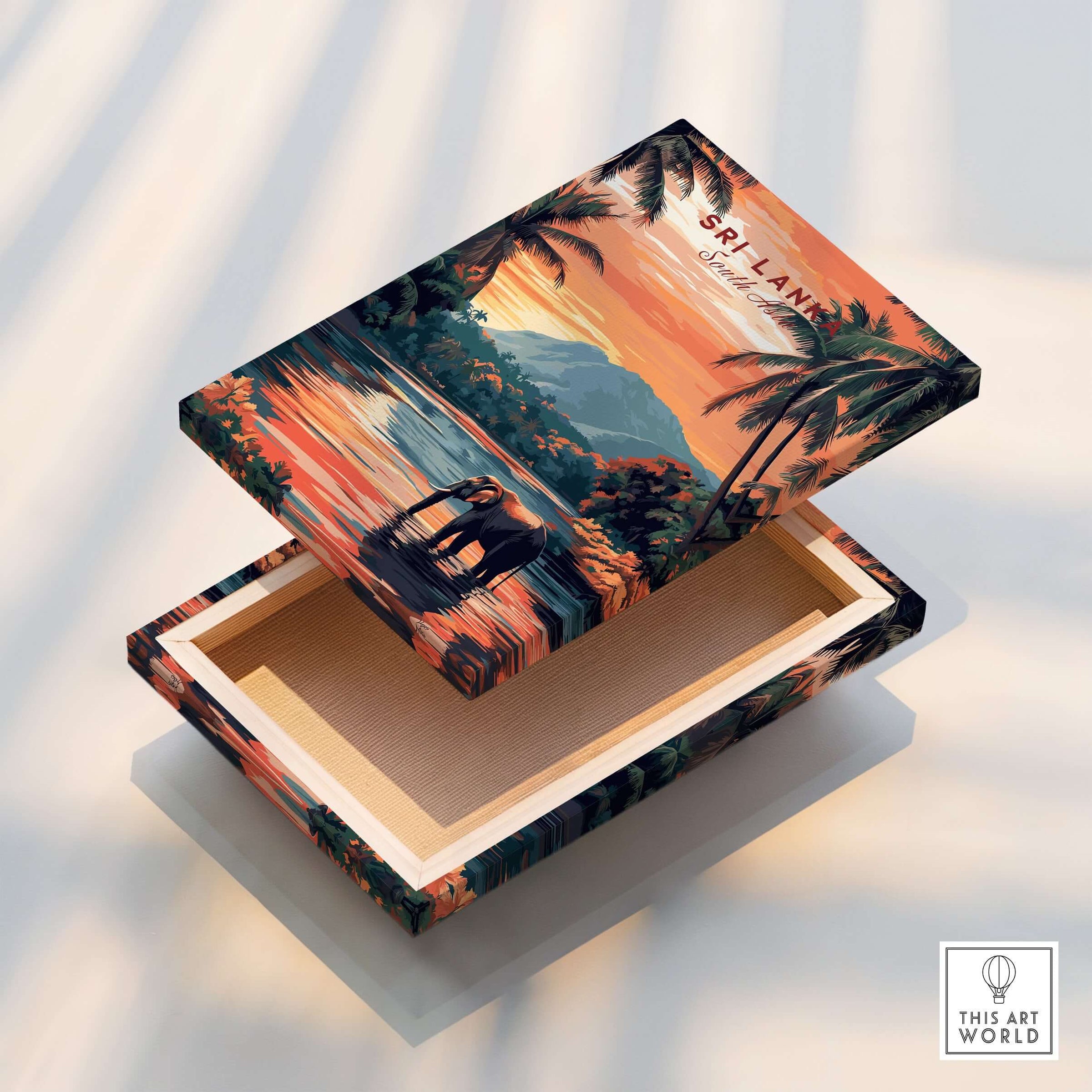 Sri Lanka Elephant Art - South Asia Travel Print, Wildlife Wall Decor - Beautifully designed box with vibrant landscape.