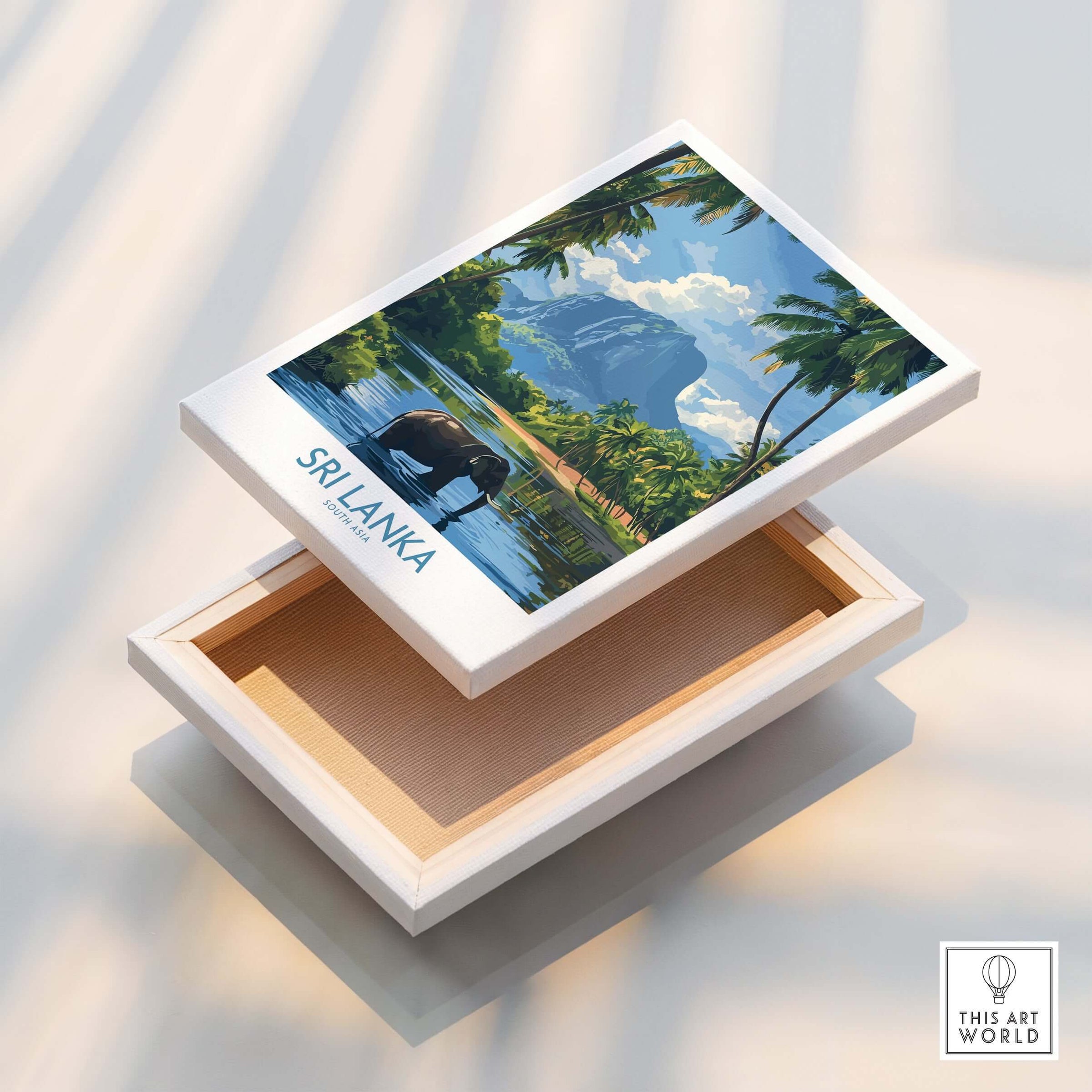Sri Lanka Tropical Scene Wall Art - Elephant Print, Island Paradise Decor displayed in a decorative box.