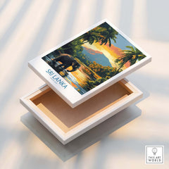 Sri Lanka Travel Art Print - Elephant Swimming Wall Art, Tropical Adventure Scene showcased on a decorative box.
