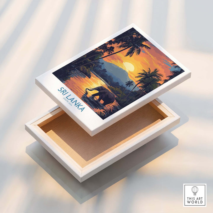 Sri Lanka Poster with Elephant in tropical setting at Sunset - Travel Print displayed on an open box.