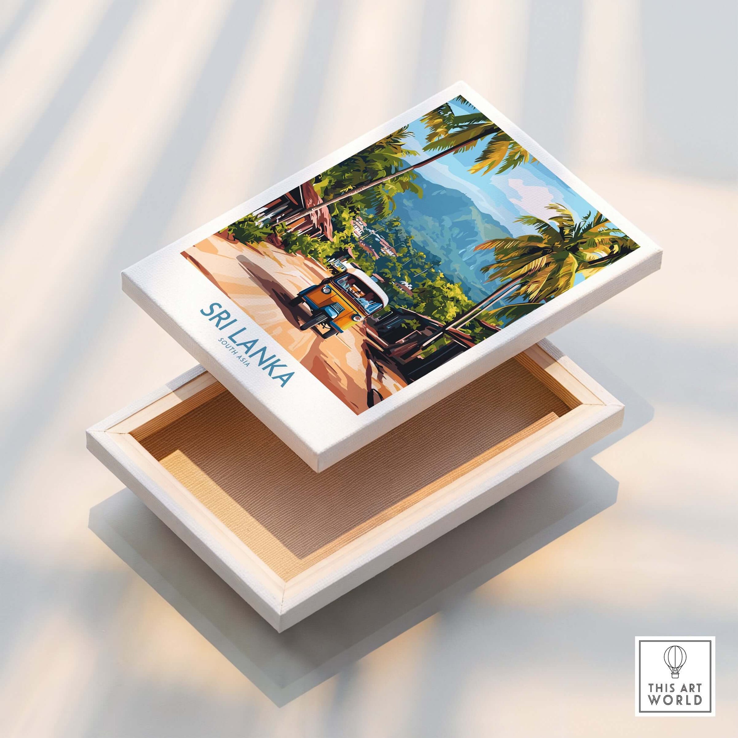 Sri Lanka Wall Art featuring a Tuk-Tuk displayed on a wooden box with vibrant scenery.