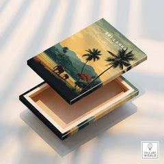 Sri Lanka Wall Art Print | Sunset Elephant Landscape Travel Poster displayed on a decorative box with elephants and palm trees.