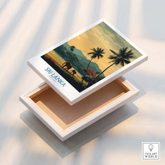 Sri Lanka Poster | Tropical Palm Tree & Elephant Canvas Print displayed on a wooden box showcasing tropical landscapes.