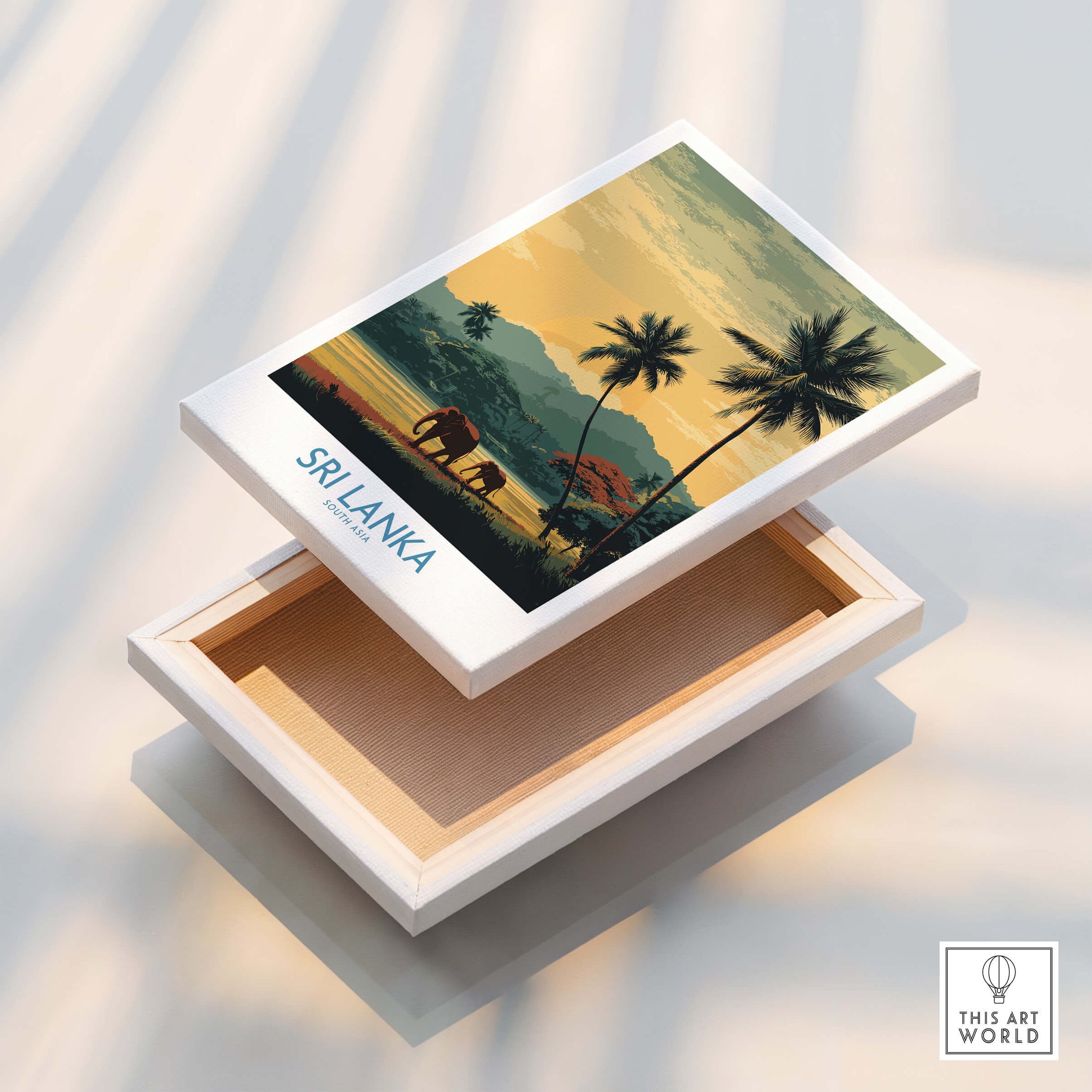 Sri Lanka Poster | Tropical Palm Tree & Elephant Canvas Print displayed on a wooden box showcasing tropical landscapes.