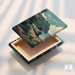 Sri Lanka Wall Art Print | Train Travel Poster showcasing a train journey through lush landscapes on a decorative box.