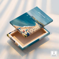 Swanage Dorset Wall Art Print | British Seaside Beach Travel Poster on a decorative box showcasing the picturesque beach.
