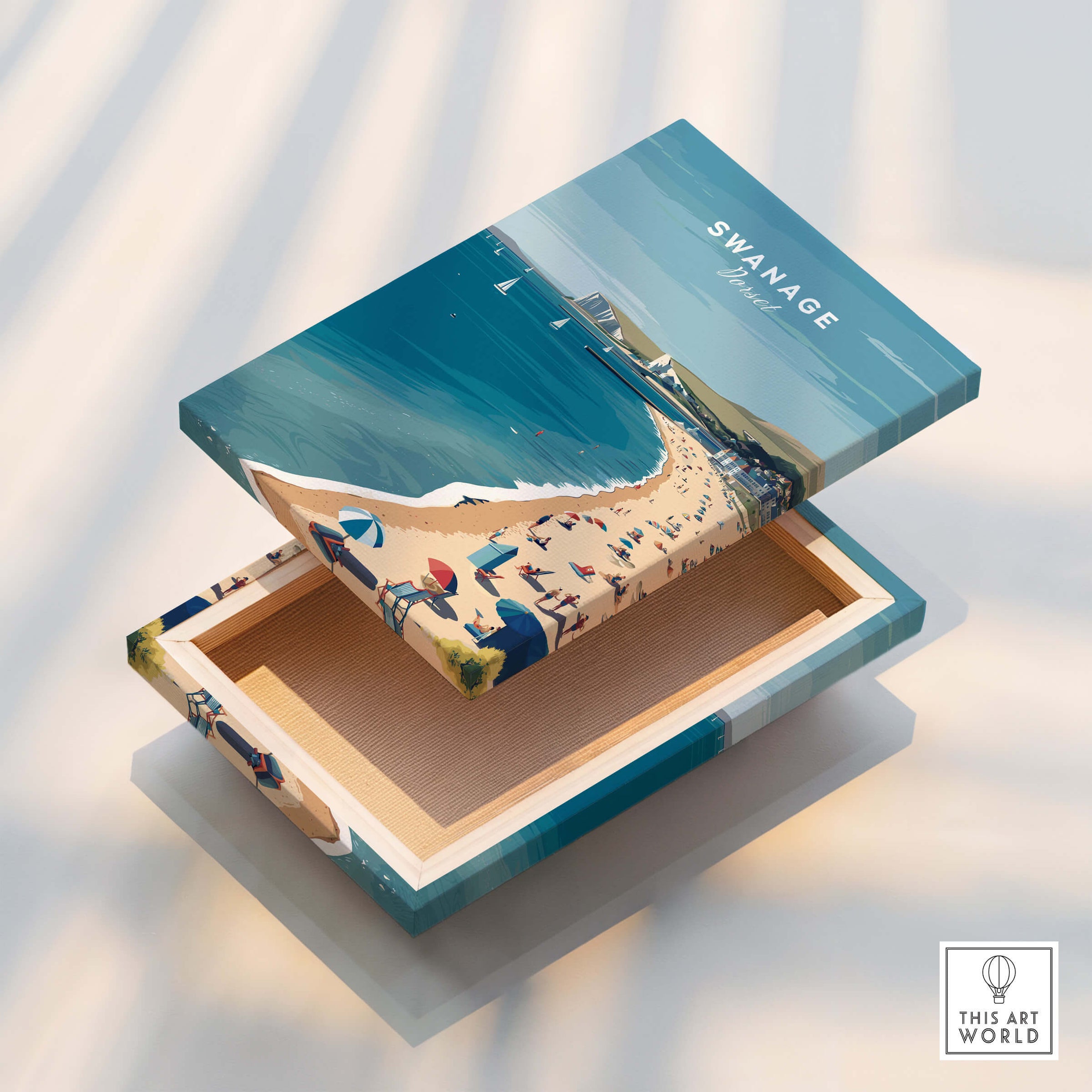 Swanage Dorset Wall Art Print | British Seaside Beach Travel Poster on a decorative box showcasing the picturesque beach.