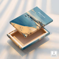 Swanage Dorset Travel Poster | English Coastal Town Wall Art Print featuring an open box with a seaside view design.