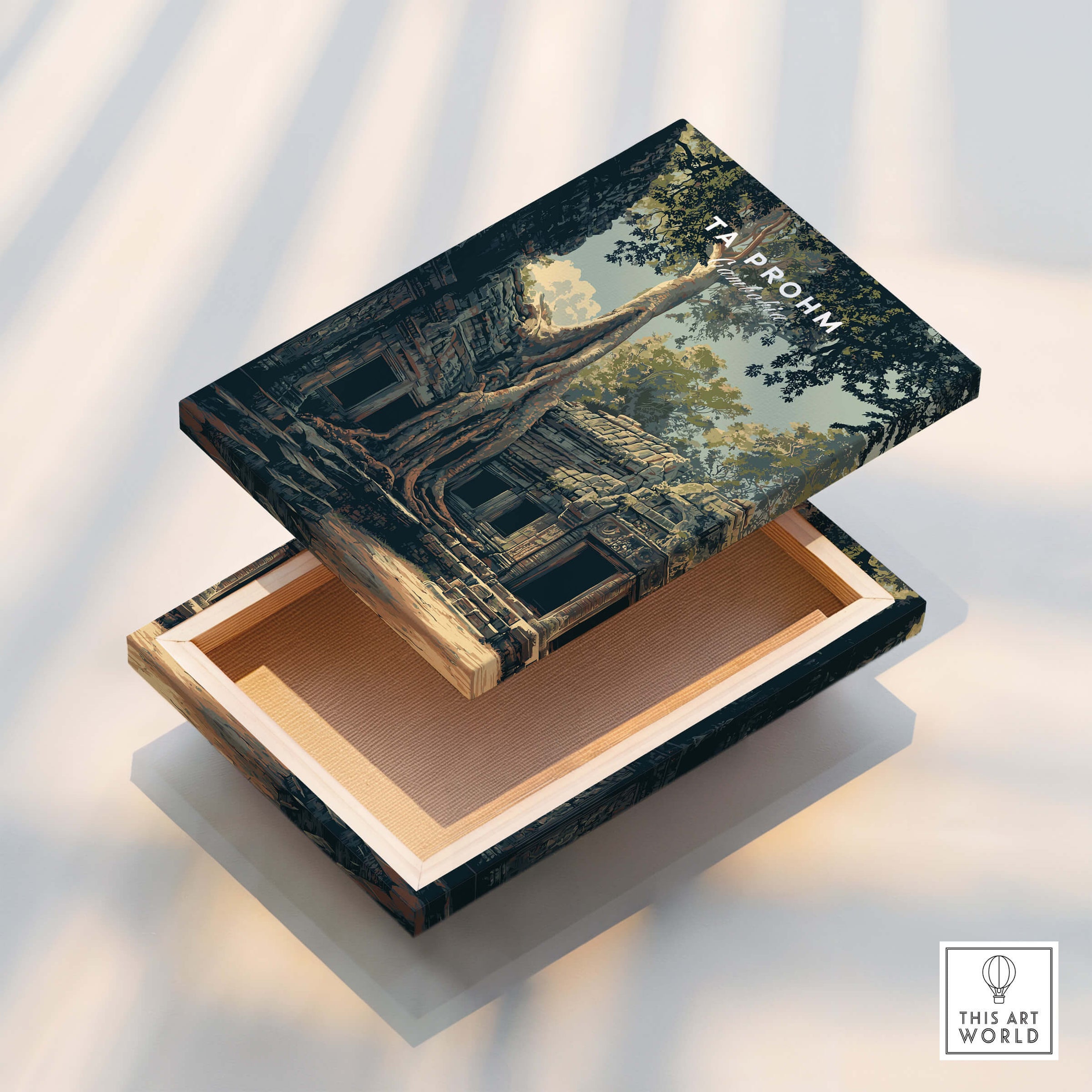 Ta Prohm Cambodia Travel Poster | Ancient Temple Jungle Ruins Wall Art Print featuring a wooden box with scenic temple design.
