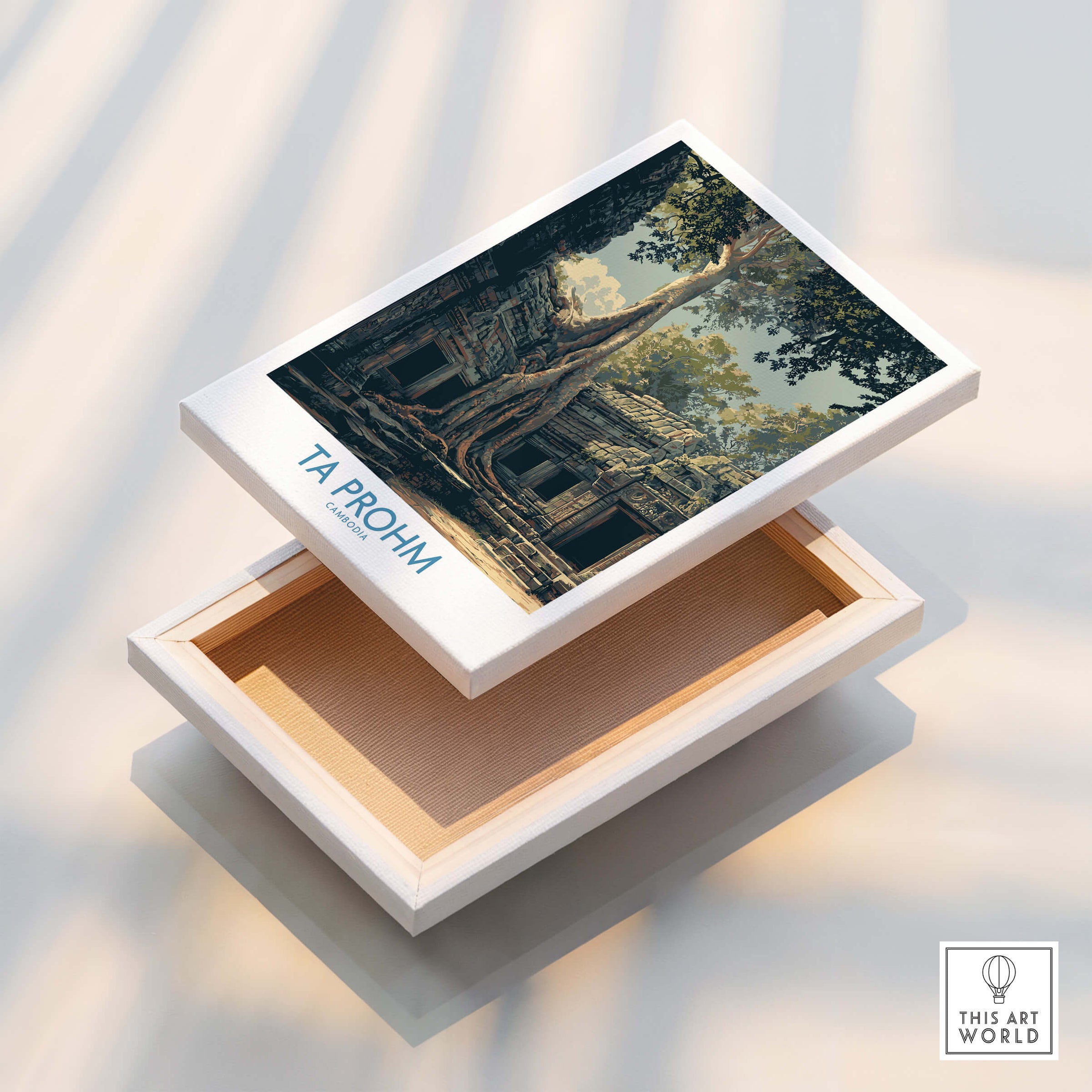 Ta Prohm Cambodia Canvas Print | Iconic Tree Root Ruins Poster displayed on a decorative box with a wooden interior.