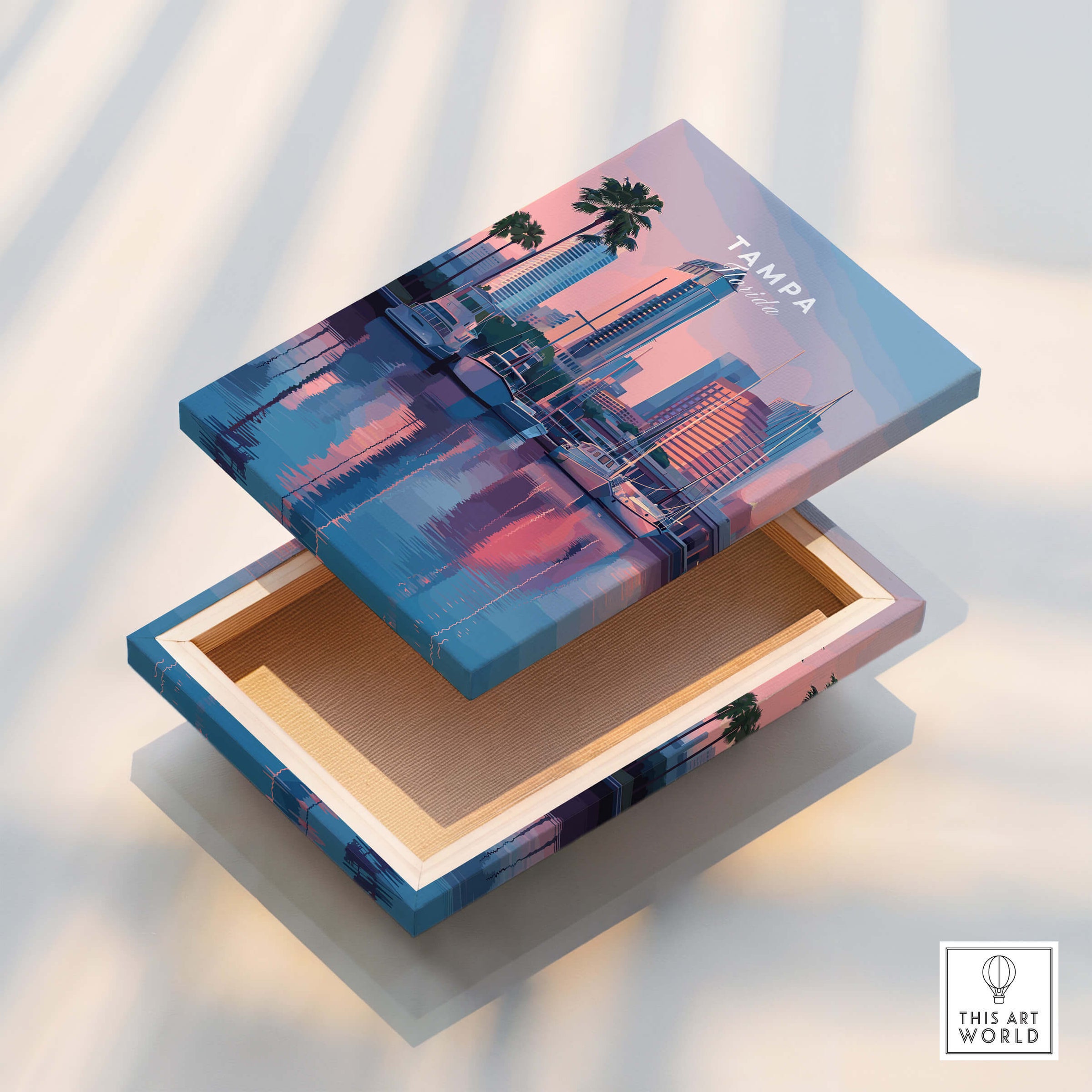 Tampa Florida Travel Poster | Marina Harbor & Skyline Wall Art Print displayed on a decorative box with urban skyline design.