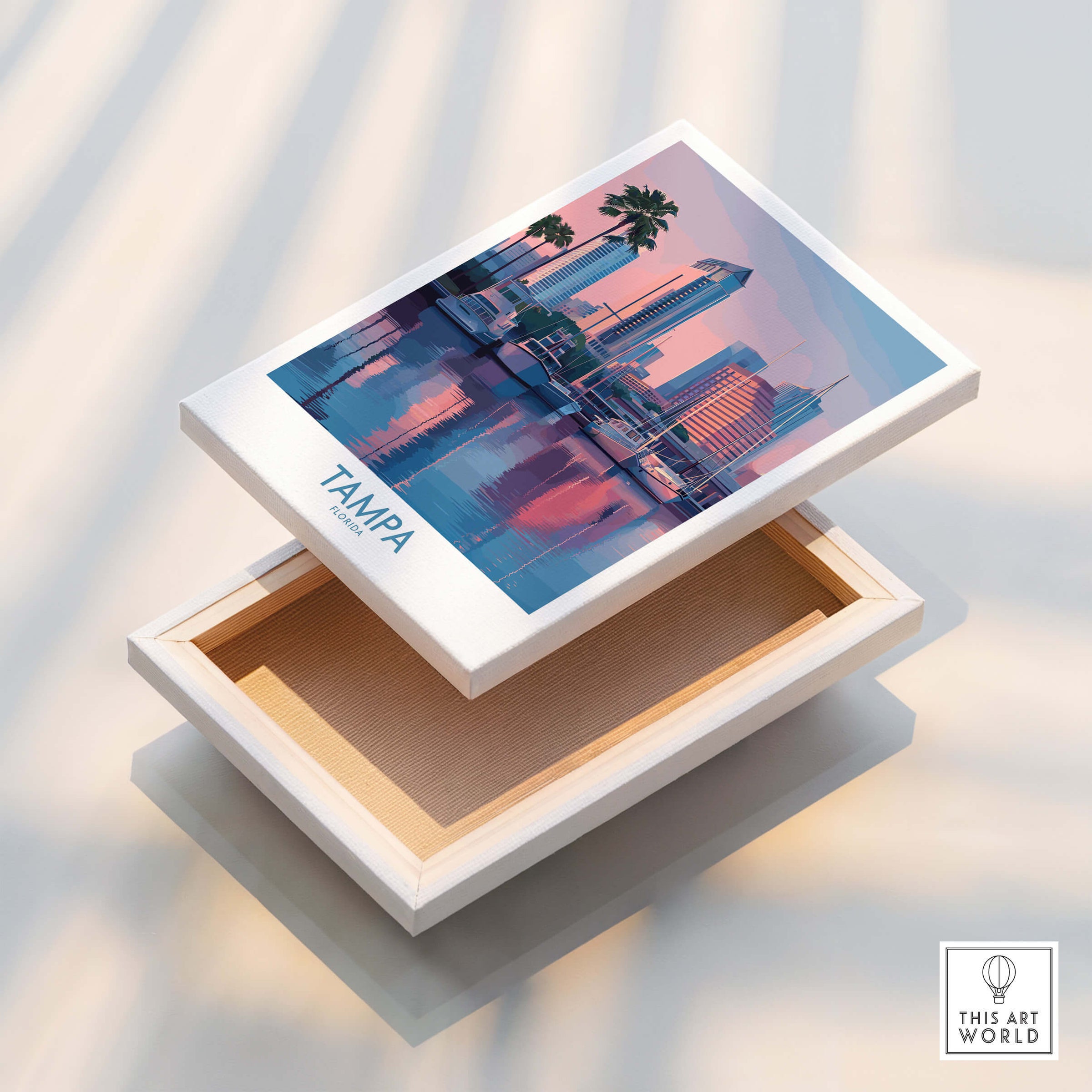 Tampa Florida Canvas Print | Sunset Bay & Sailboat Landscape Poster displayed in an open box.