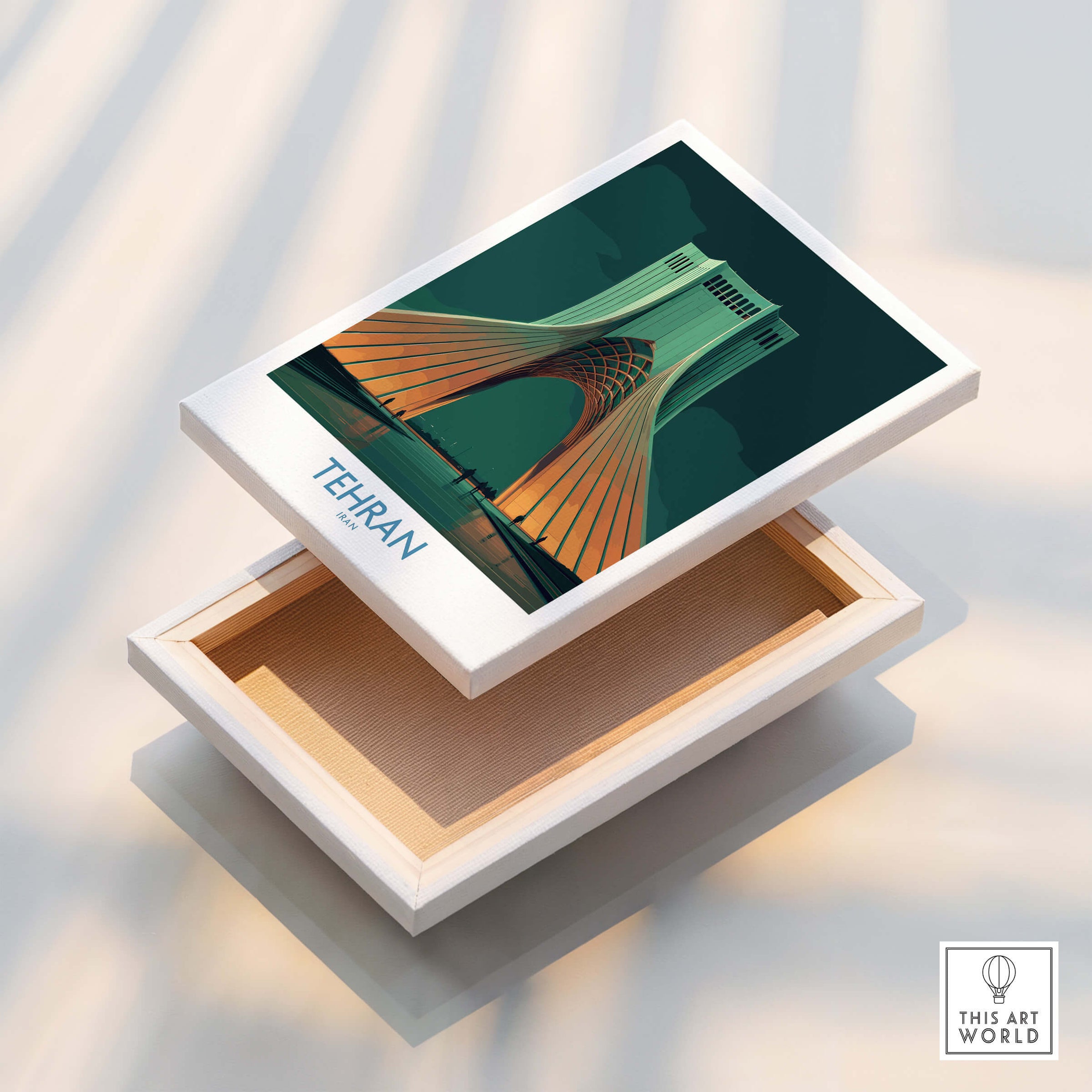 Tehran Iran Canvas Print | Iconic Persian Monument Cityscape Poster displayed on a wooden box.