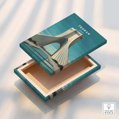Tehran Wall Art Print | Iran Travel Poster showcasing Azadi Tower on a decorative box design.