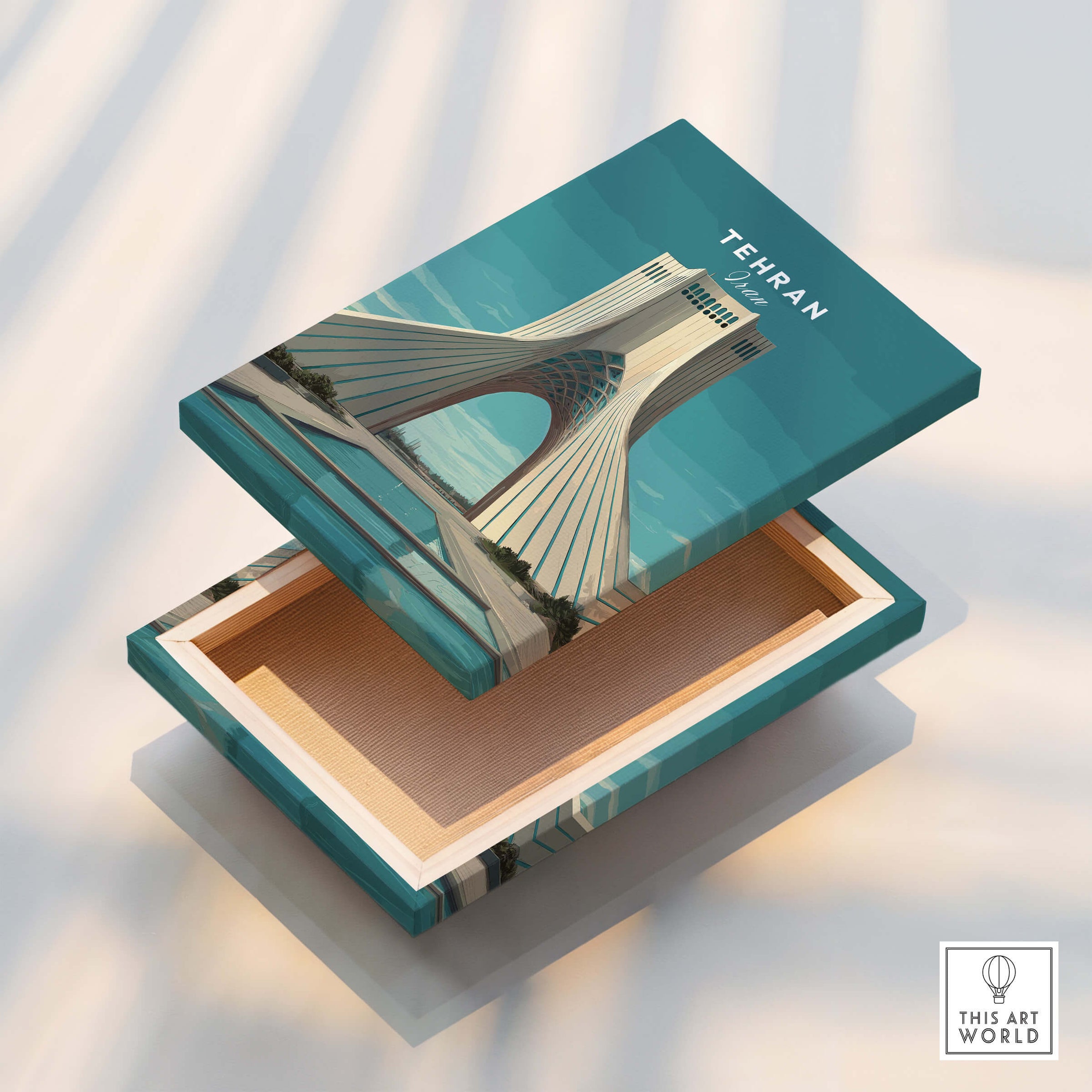 Tehran Wall Art Print | Iran Travel Poster showcasing Azadi Tower on a decorative box design.