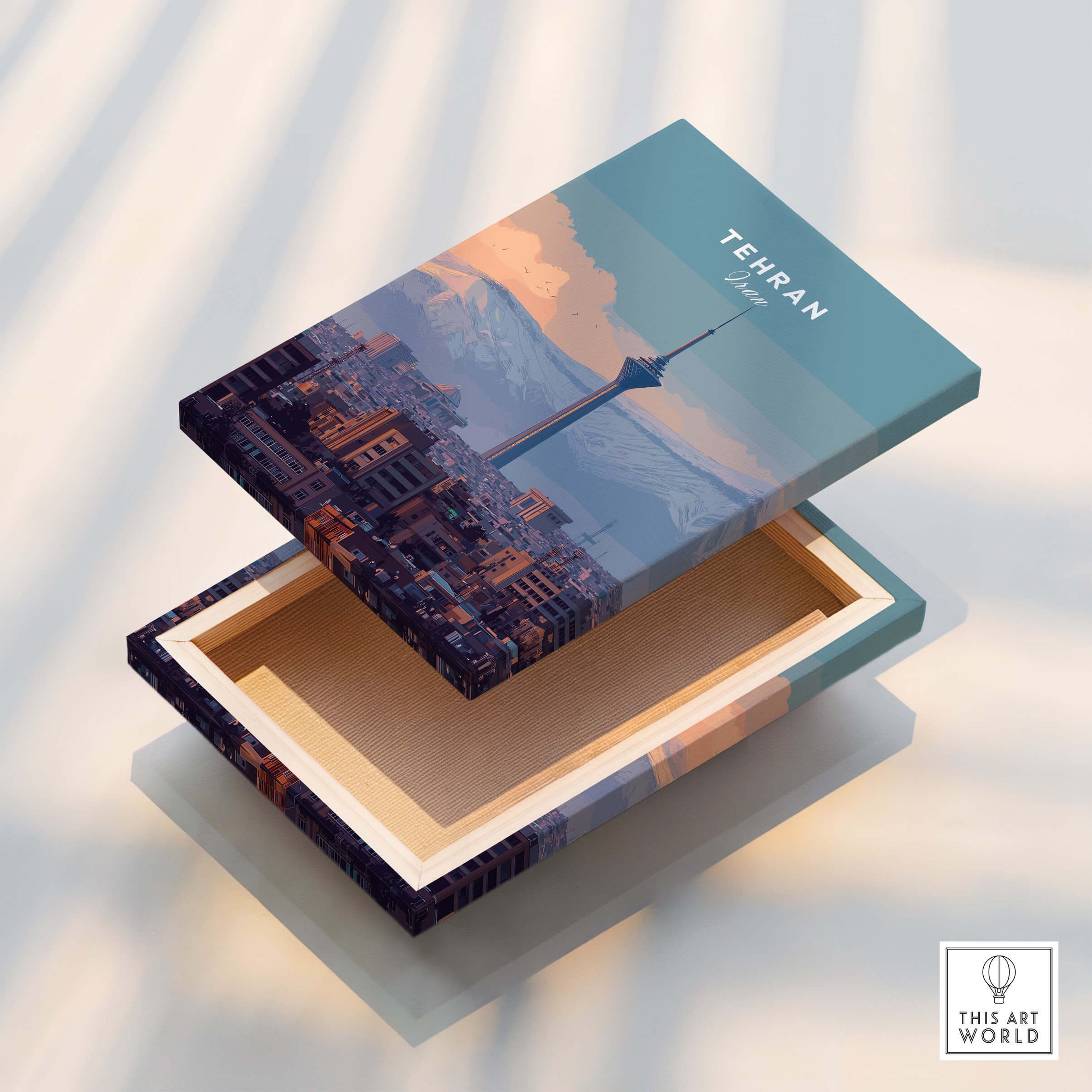 Tehran Iran Travel Poster | Alborz Mountains Skyline Wall Art Print on a wooden box with a cityscape design.