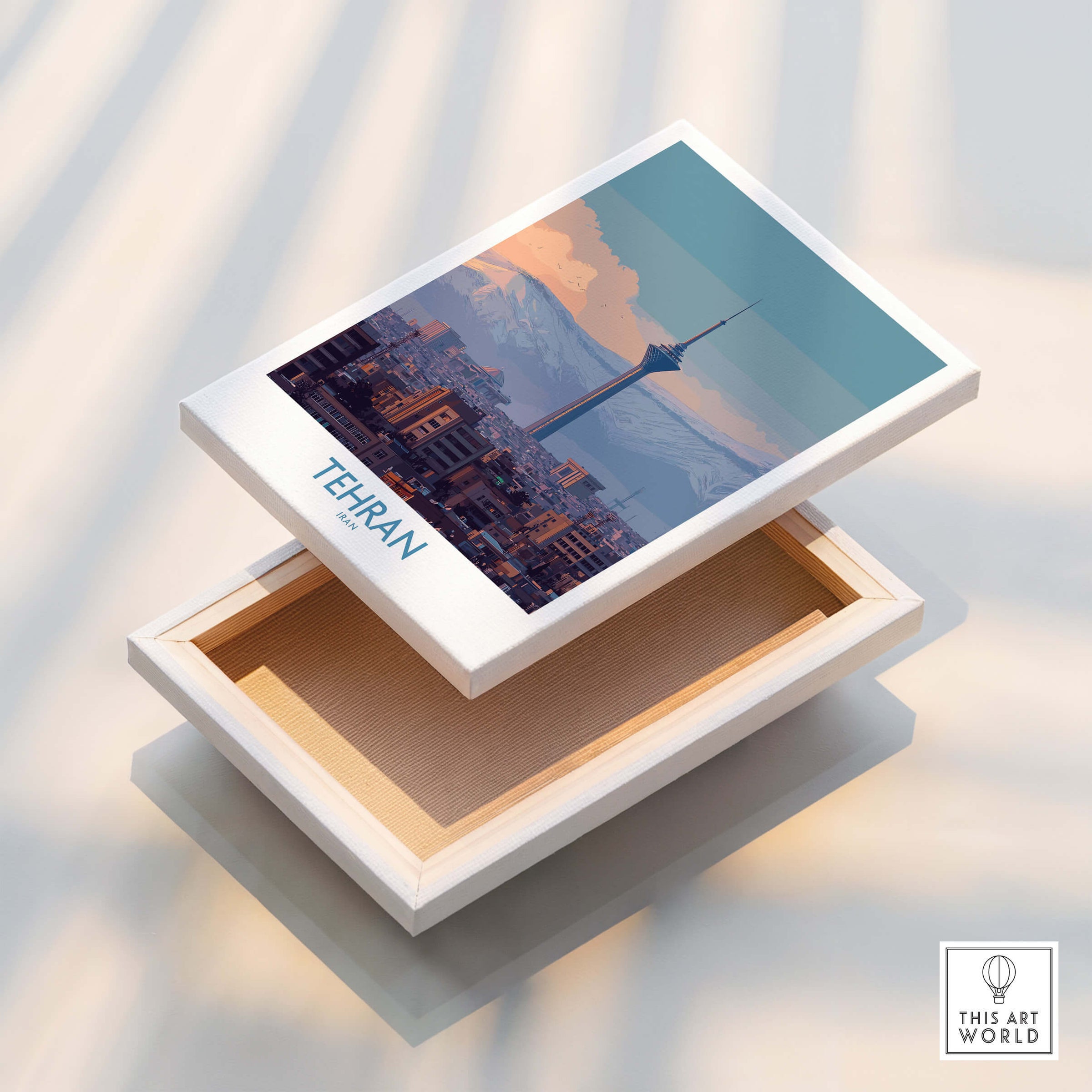 Tehran Iran Canvas Print | Evening City Landscape Poster displayed on a box, showcasing the twilight cityscape.