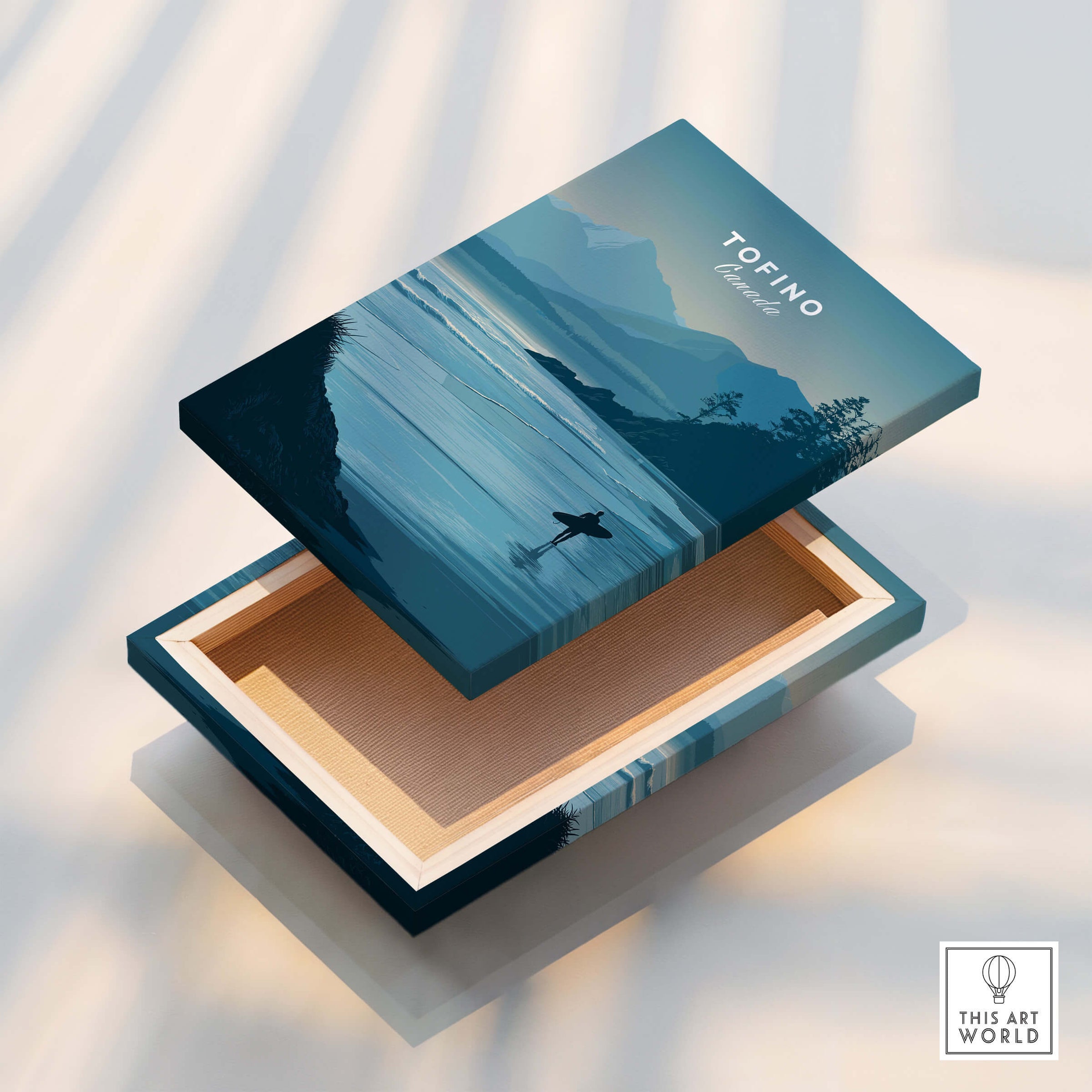 Tofino Canada Travel Poster | Pacific Coast Surfer Wall Art Print showcasing a surfer against a serene coastal landscape.