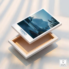 Tofino Canada Poster | Serene Canoe Landscape Scene Canvas Print displayed on a box, showcasing serene nature view.