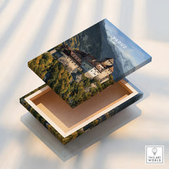 Decorative box with Vaduz castle illustration, mountain landscape, travel art gift