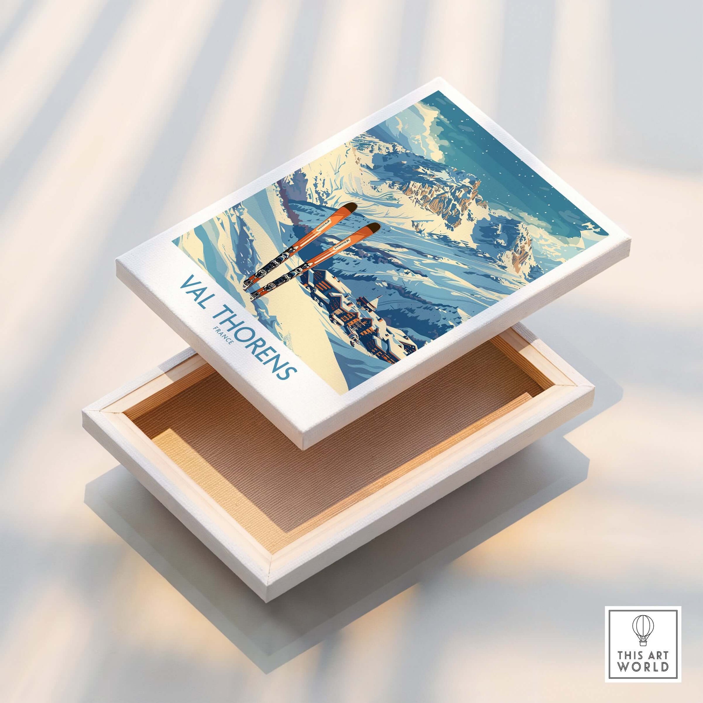 Val Thorens Print featuring a beautiful ski art design, perfect for home decor and ski enthusiasts.