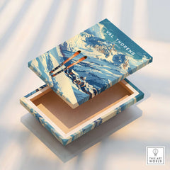 Val Thorens Travel Poster featuring a ski design on a decorative box with a winter landscape.