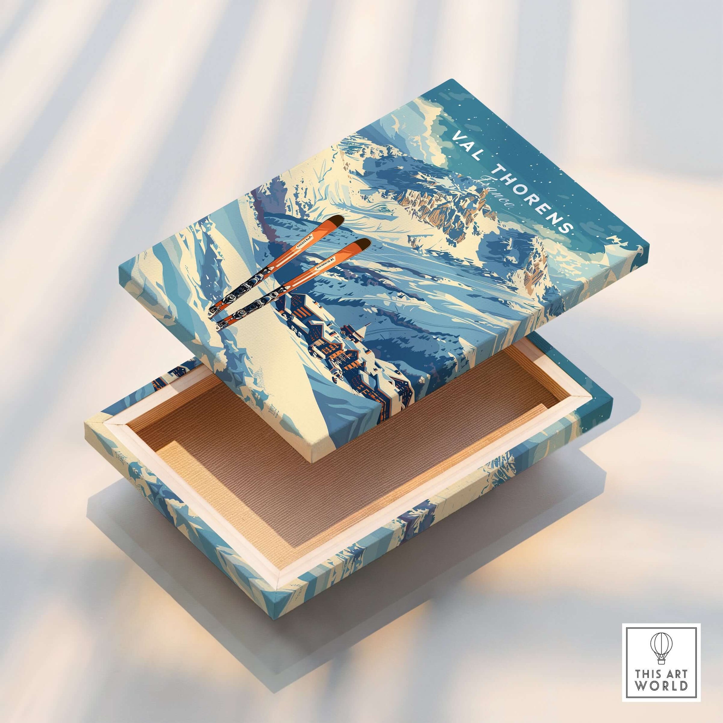 Val Thorens Travel Poster featuring a ski design on a decorative box with a winter landscape.