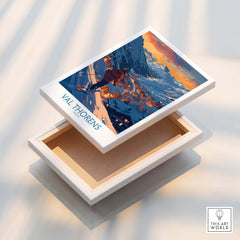 Val Thorens Ski Print art piece displayed on an open box showcasing the winter landscape of Val Thorens.