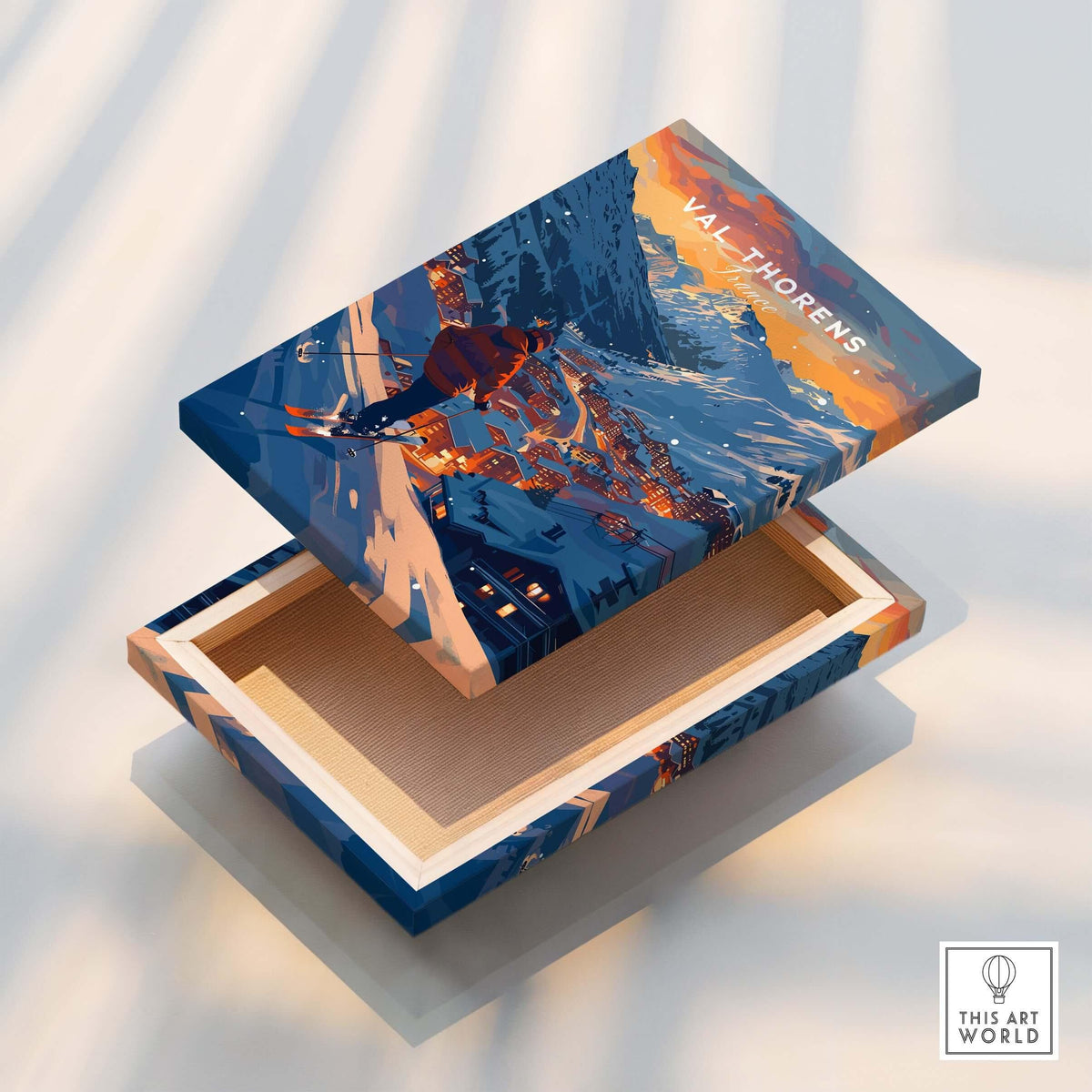 Val Thorens Ski Poster on a decorative box showcasing the beautiful slopes of Val Thorens and the French Alps.