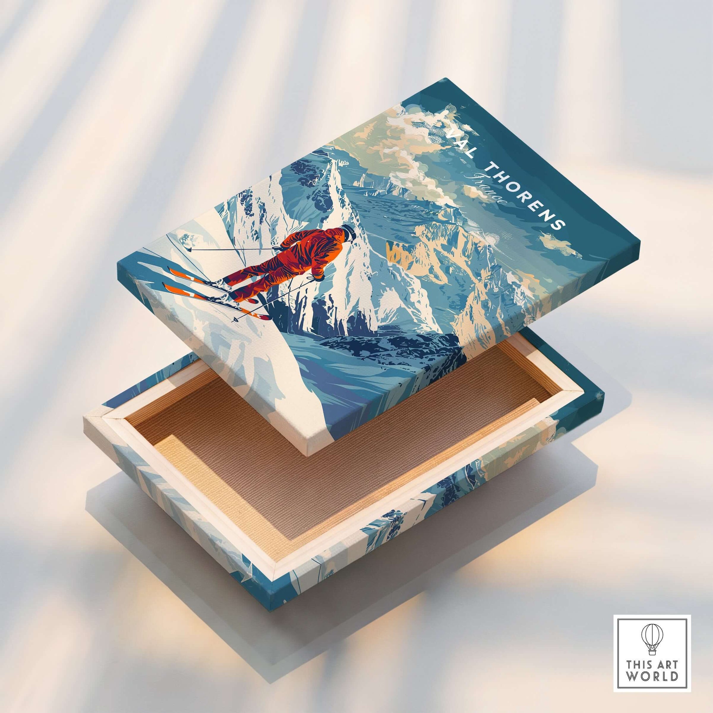 Val Thorens Poster depicting a skier against stunning snowy mountain peaks, perfect for winter sports enthusiasts.