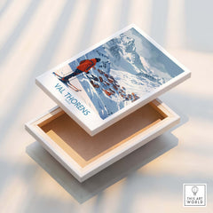 Val Thorens France Print featuring a skier against a snowy mountain backdrop in a decorative box.