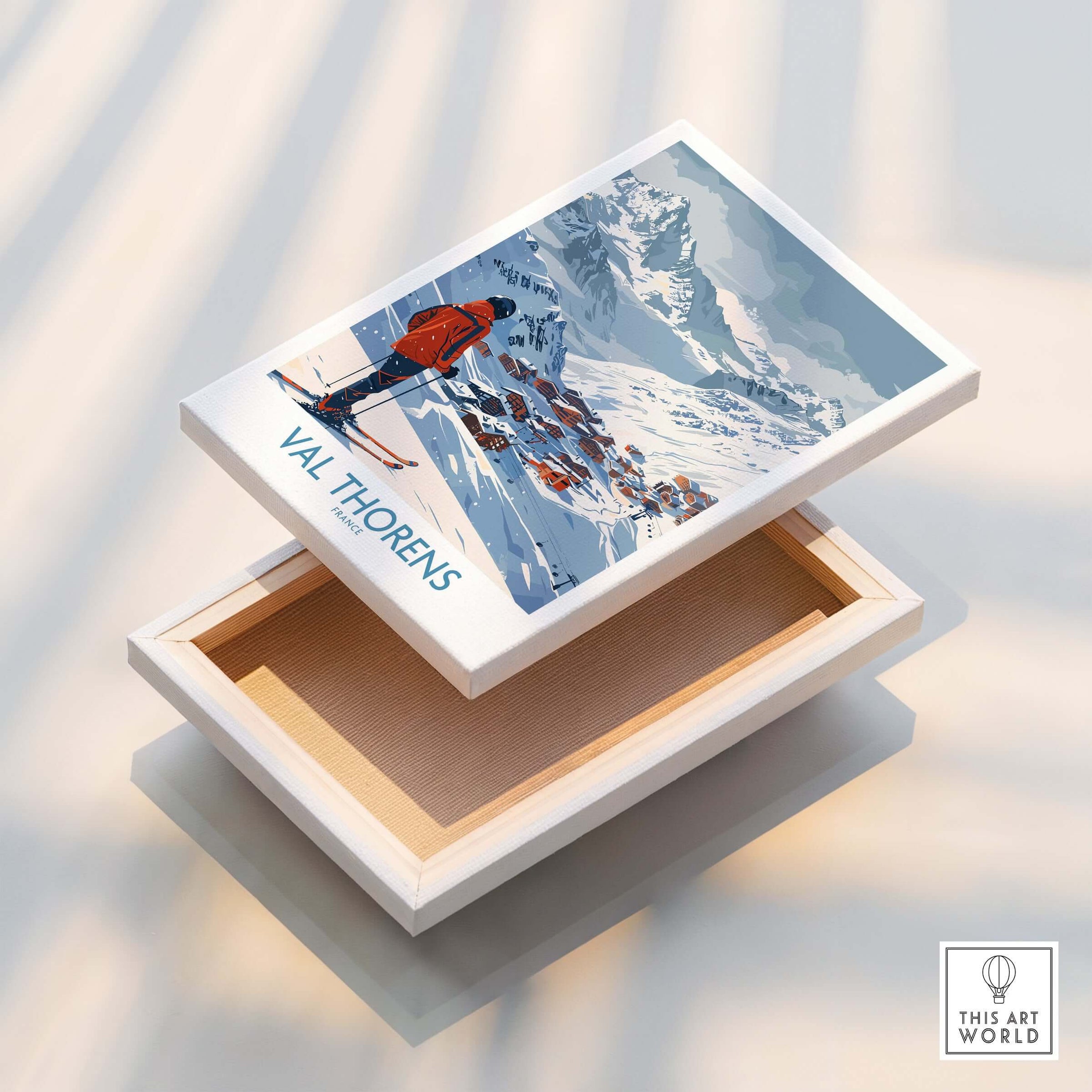 Val Thorens France Print featuring a skier against a snowy mountain backdrop in a decorative box.