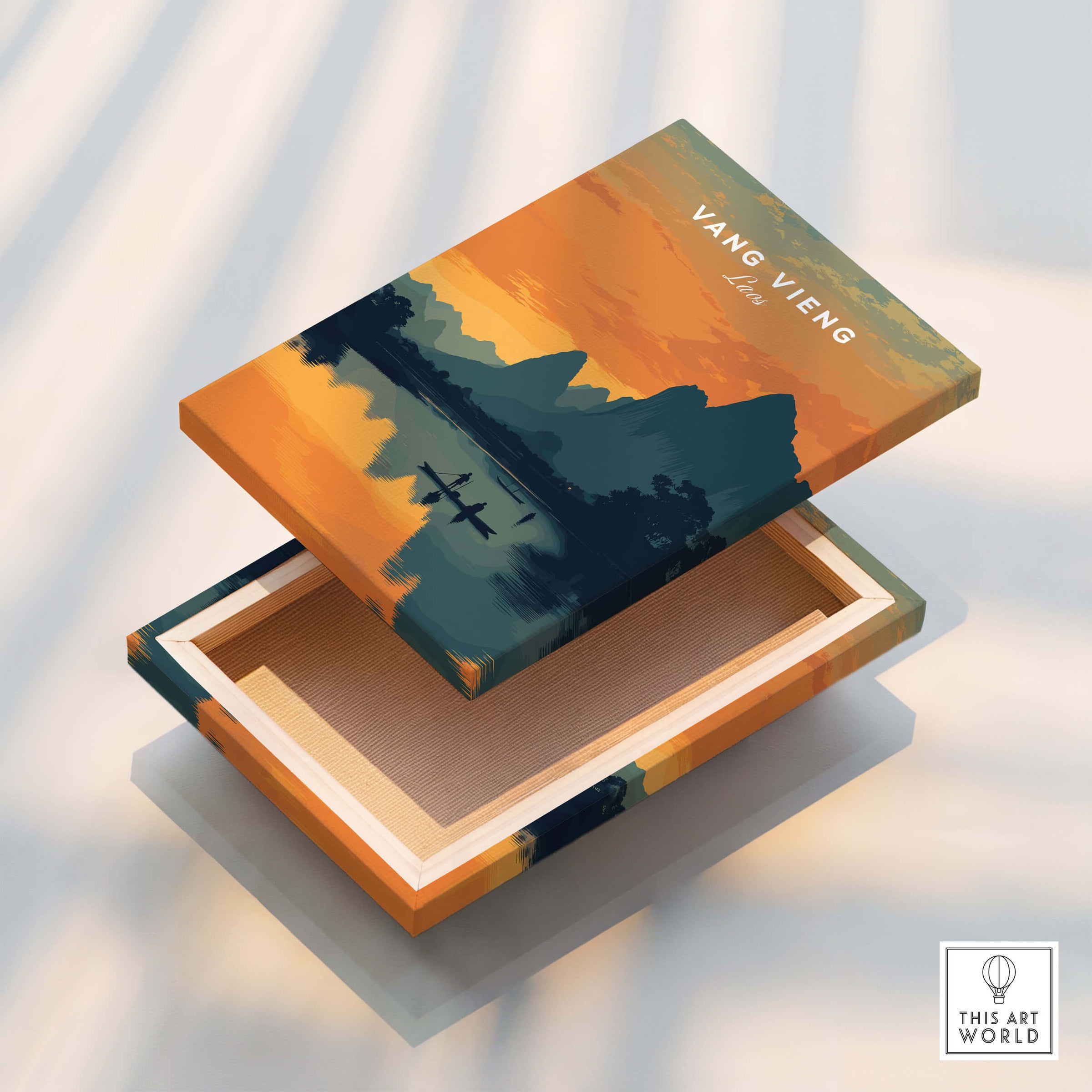 Vang Vieng Laos Travel Poster | Nam Song River Sunset Wall Art Print - Artistic wooden box with sunset illustration.