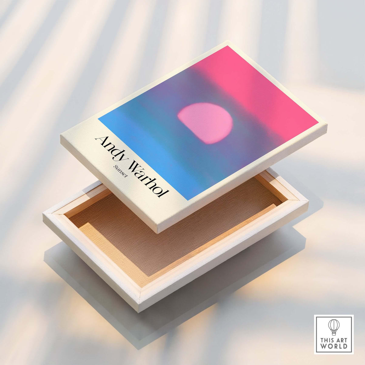 Andy Warhol Sunset Pink Blue Pop Art Poster Abstract Screenprint Wall Art Print displayed on a box.
