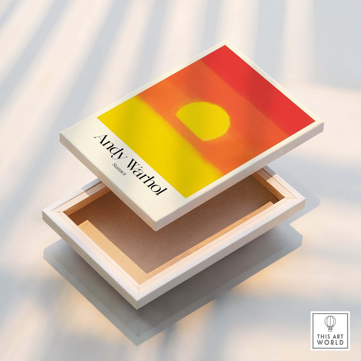Andy Warhol Sunset Red Yellow Pop Art Abstract Print Modern Landscape Poster on a display box.