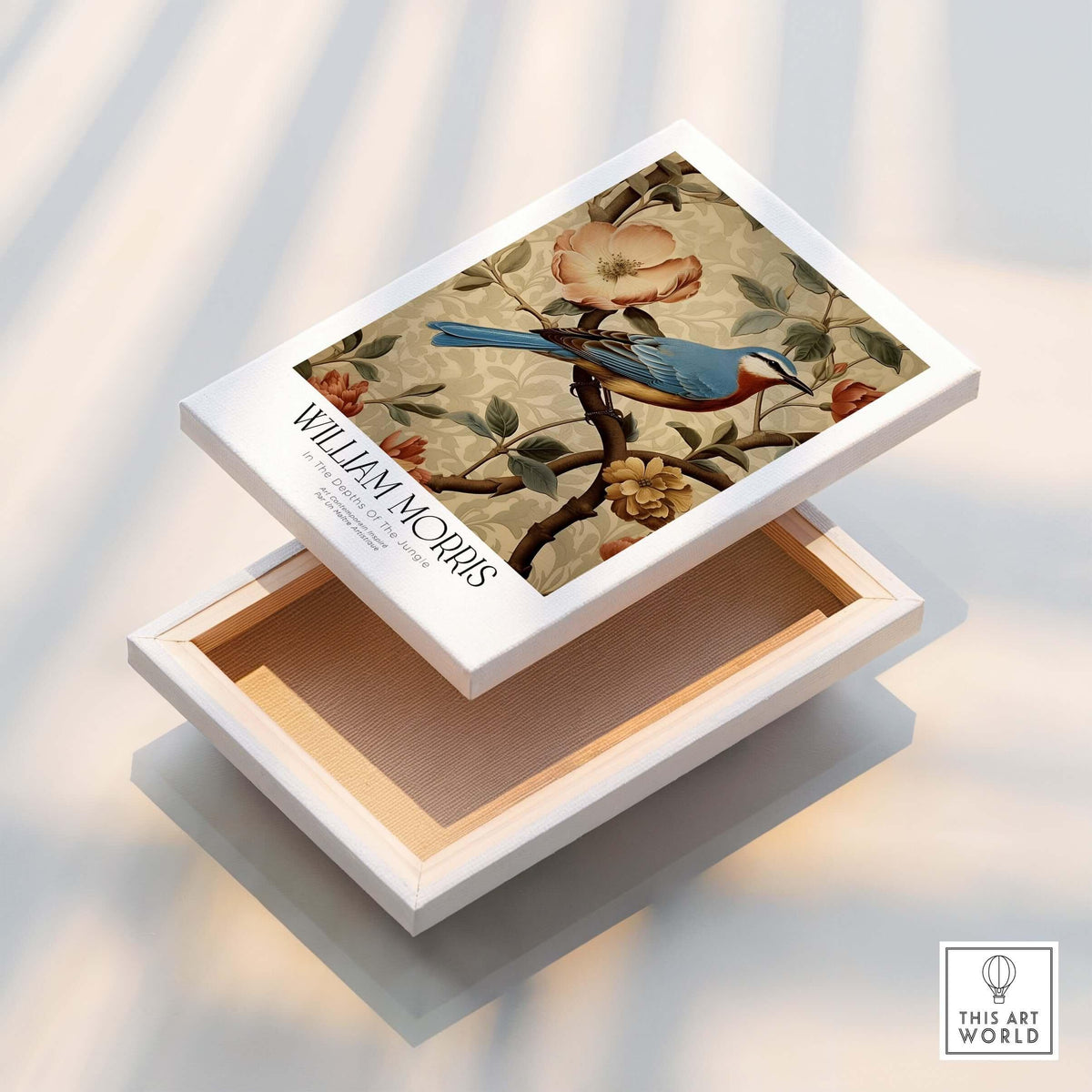 William Morris Prints - Blue Bird Floral Art Print - Botanical Poster displayed on an open box.