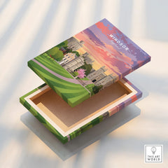 Windsor England travel art print on a decorative box lid, colorful sunset and castle design