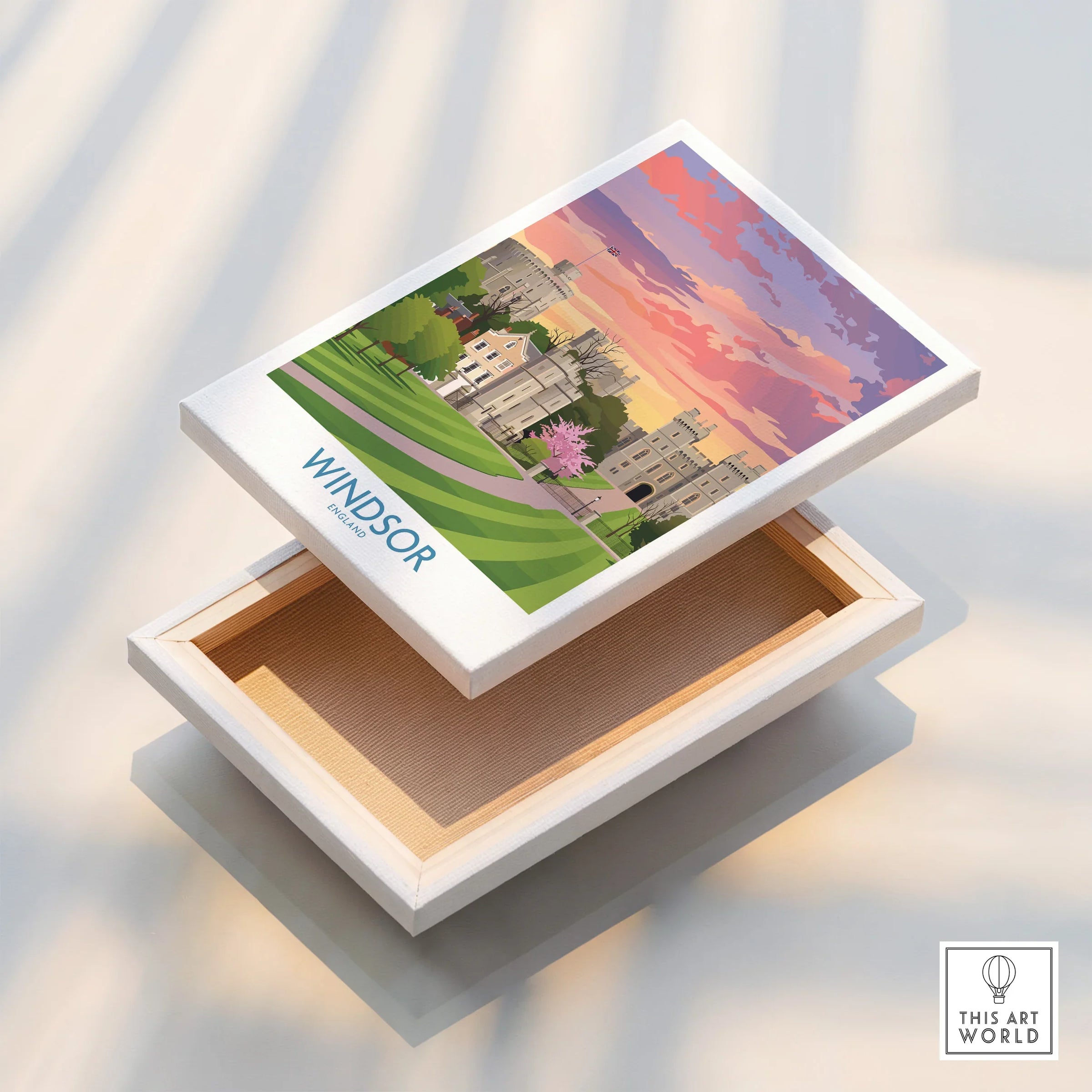 Windsor travel poster canvas print with colorful castle landscape and sunset sky