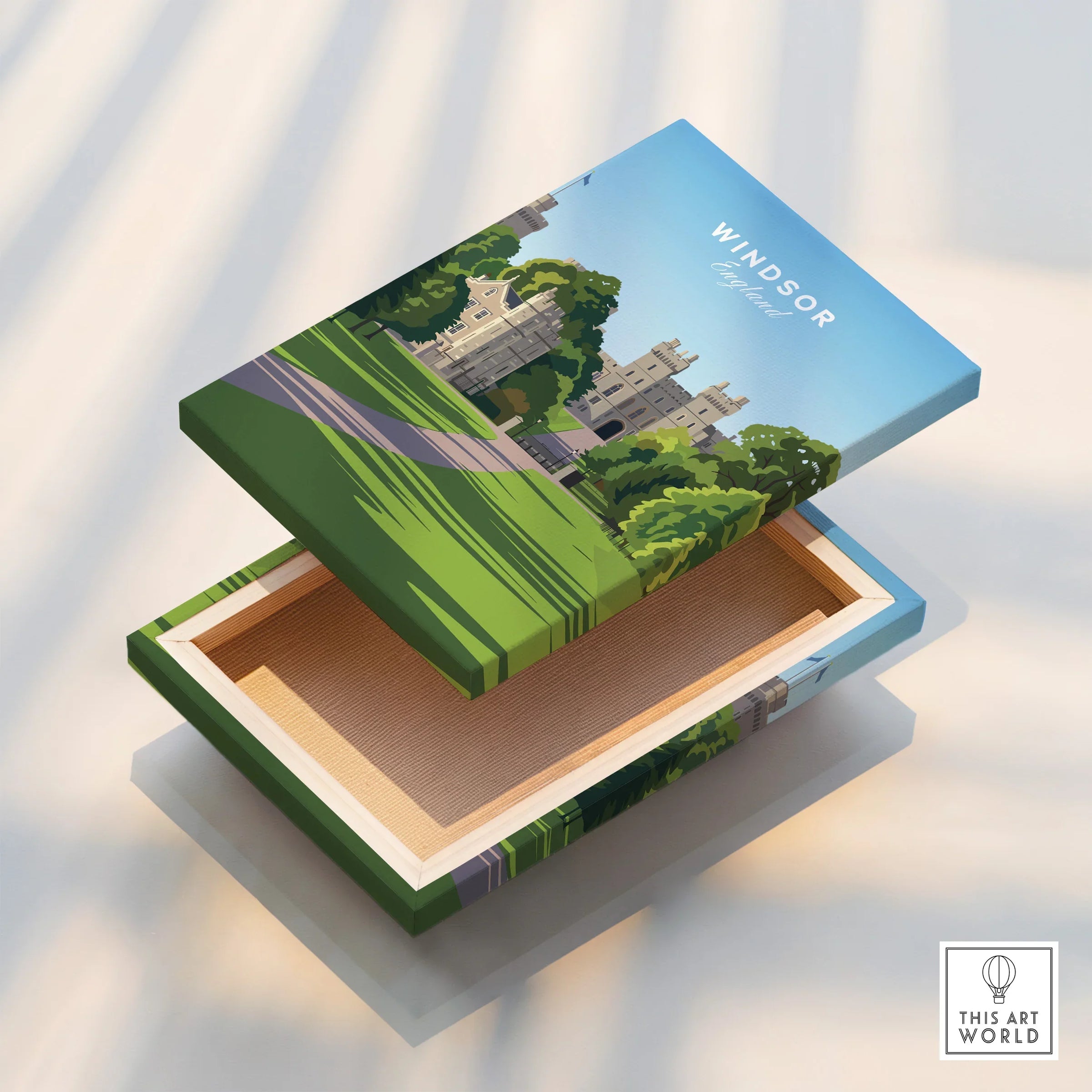 Travel art box with Windsor Castle illustration, England, vibrant green landscape, gift decor