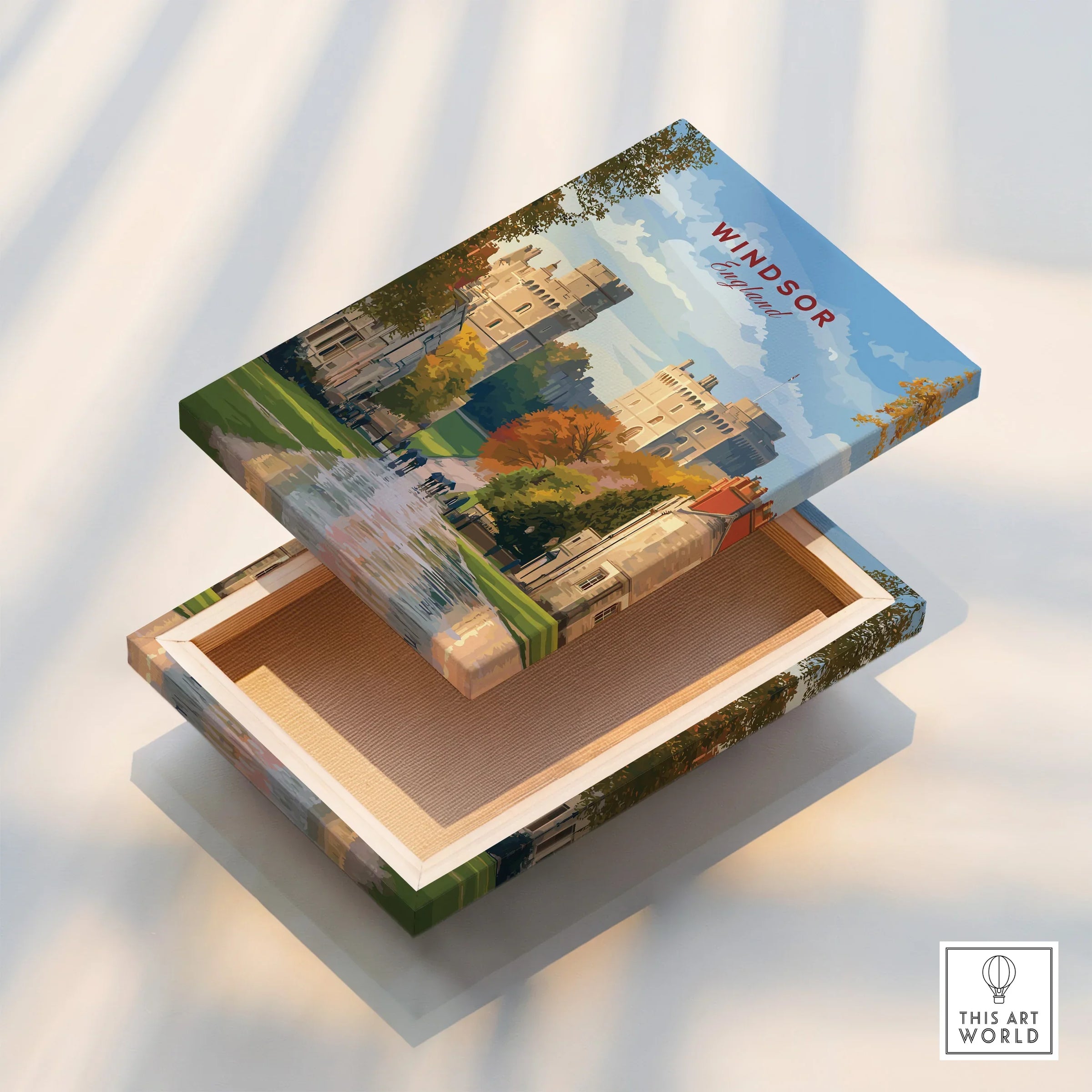 Windsor Castle travel poster art on a decorative keepsake box with mirror edge design.