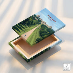 Windsor Castle England art print on decorative wooden keepsake box with scenic landscape.