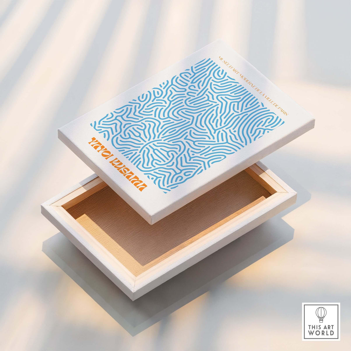 Yayoi Kusama Blue Infinity Net Pattern Abstract Art Print Paris Exhibition Poster box design white and blue