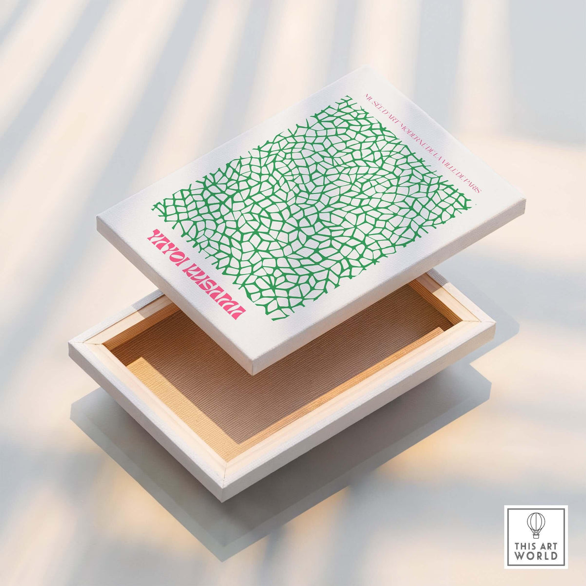Yayoi Kusama Green Net Pattern Abstract Contemporary Art Print Paris Poster Decor displayed on a creatively designed box.